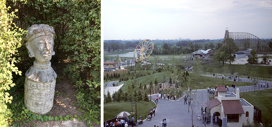 Mayan statue and photo of Sol Loco from a distance.
