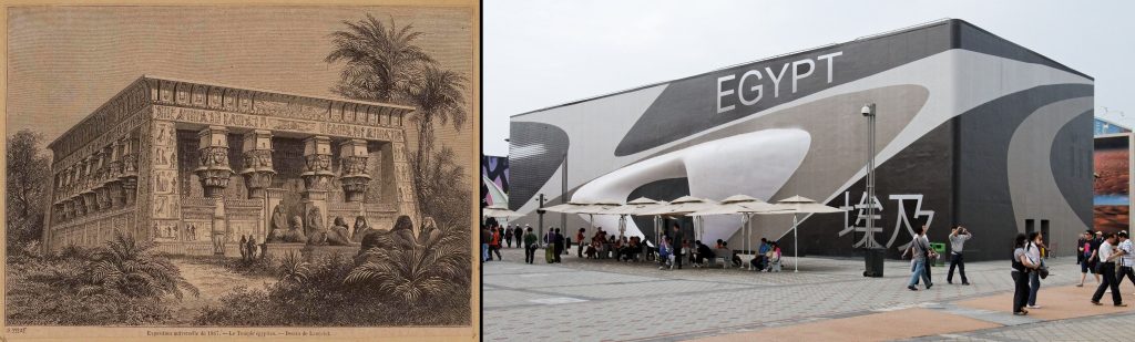 An "Egyptian Temple" seen at the 1867 world expo compared to the Egypt pavilion at the 2010 world expo.
