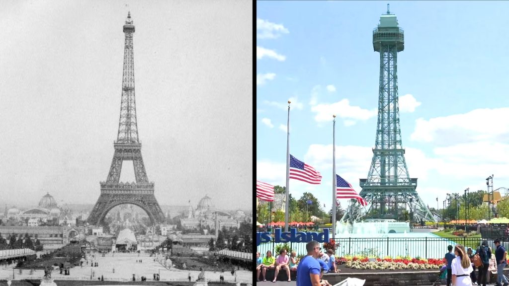 Paris' Eiffel Tower circa 1889 next to Kings Island's Eiffel Tower circa 2018.