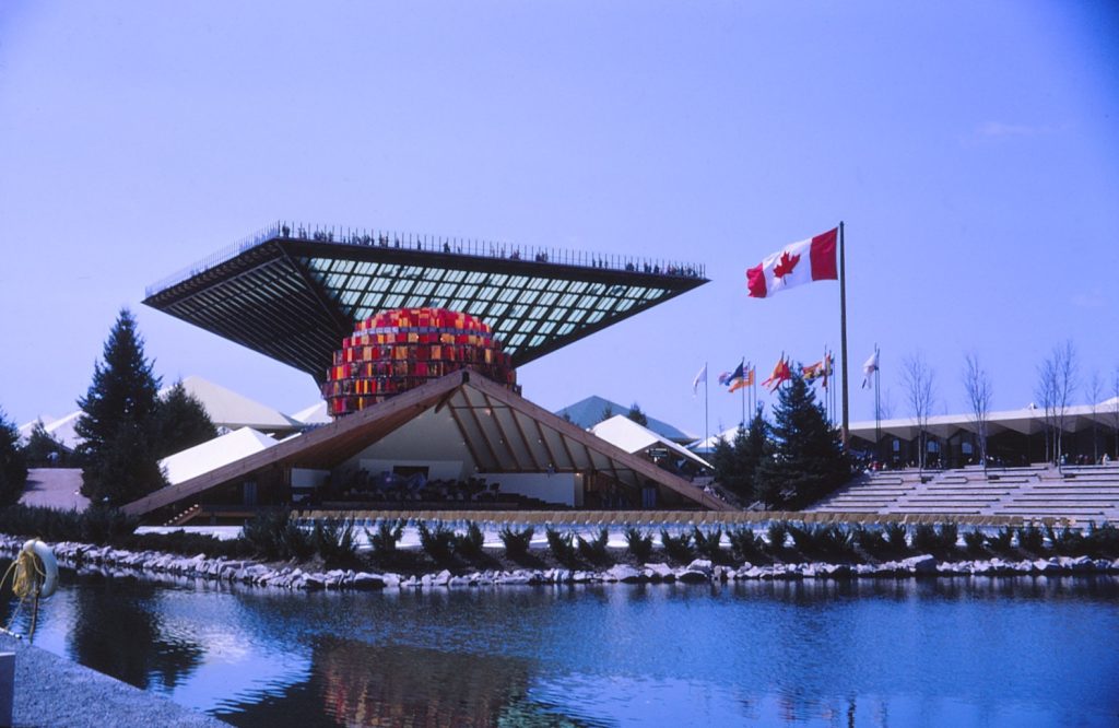 An inverted pyramid and other structures from Canada's Expo 67 pavilion.