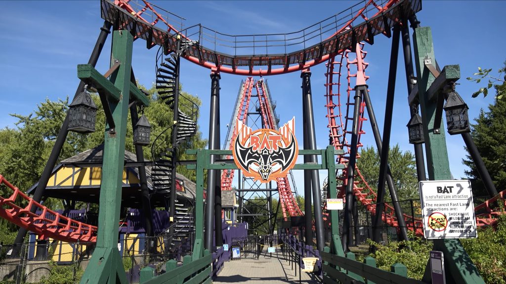 The Bat, with a small sign reading "This ride opens at 12:30pm."