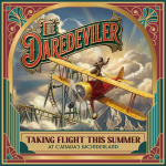 Concept art of The DareDeviler including the logo and a biplane with pilot atop the wings. In the background is the coaster track, clouds, and Wonder Mountain. Text reads "Taking flight this summer at Canada's Wonderland"