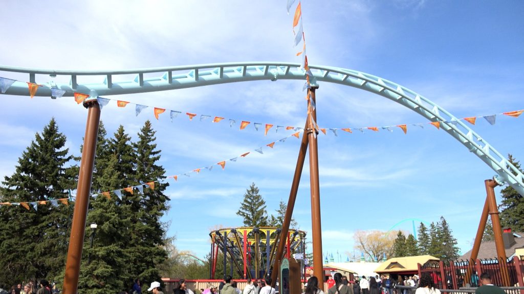 Orange and blue bunting over the AlpenFest plaza.