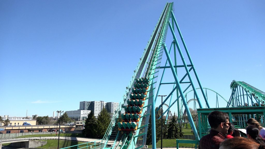 Leviathan's lift hill with a train ascending.
