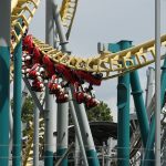 A train on The DareDeviler, navigating the twisted track.