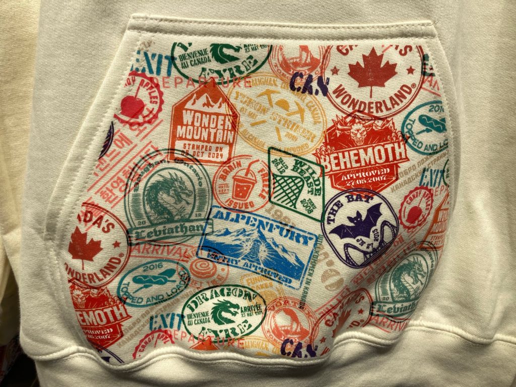 Pocket of hoodie with stamp designs.