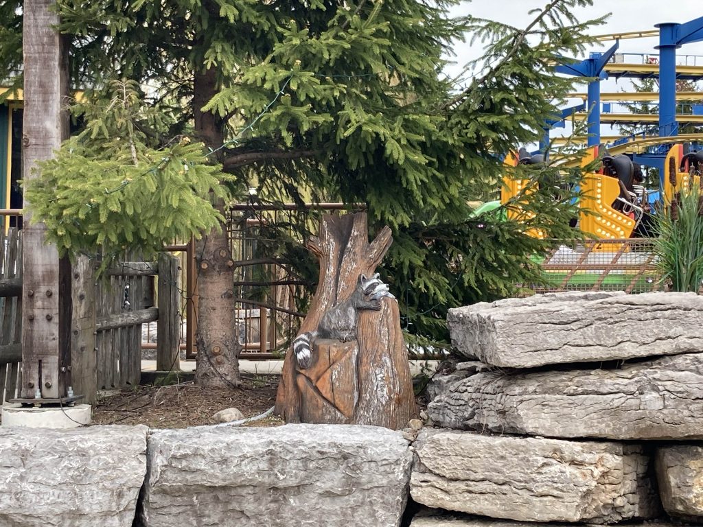 A raccoon carving under a tree by Soaring Timbers.