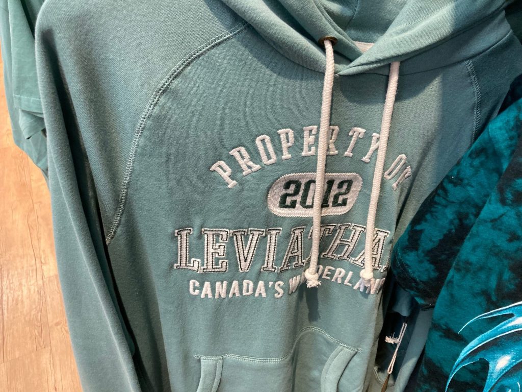 Hoodie with text reading "Property of 2012 Leviathan Canada's Wonderland" from top to bottom.