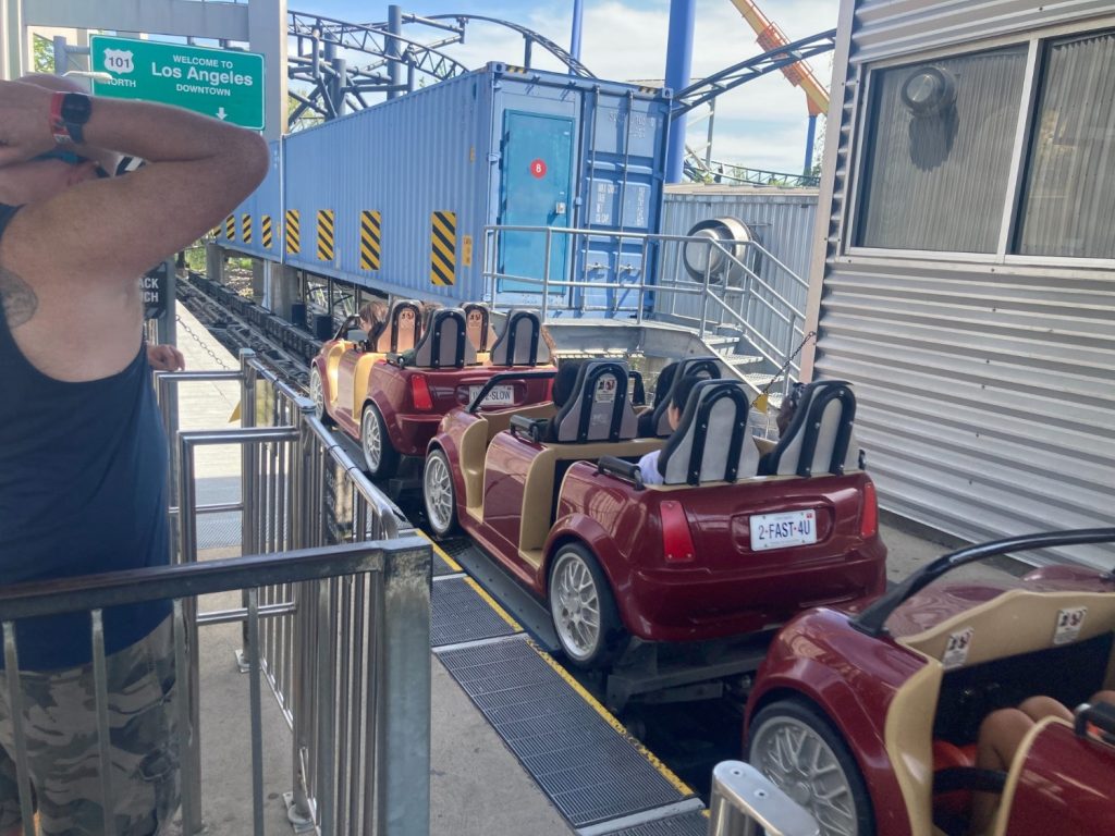 Backlot Stunt Coaster, launching out of the station.