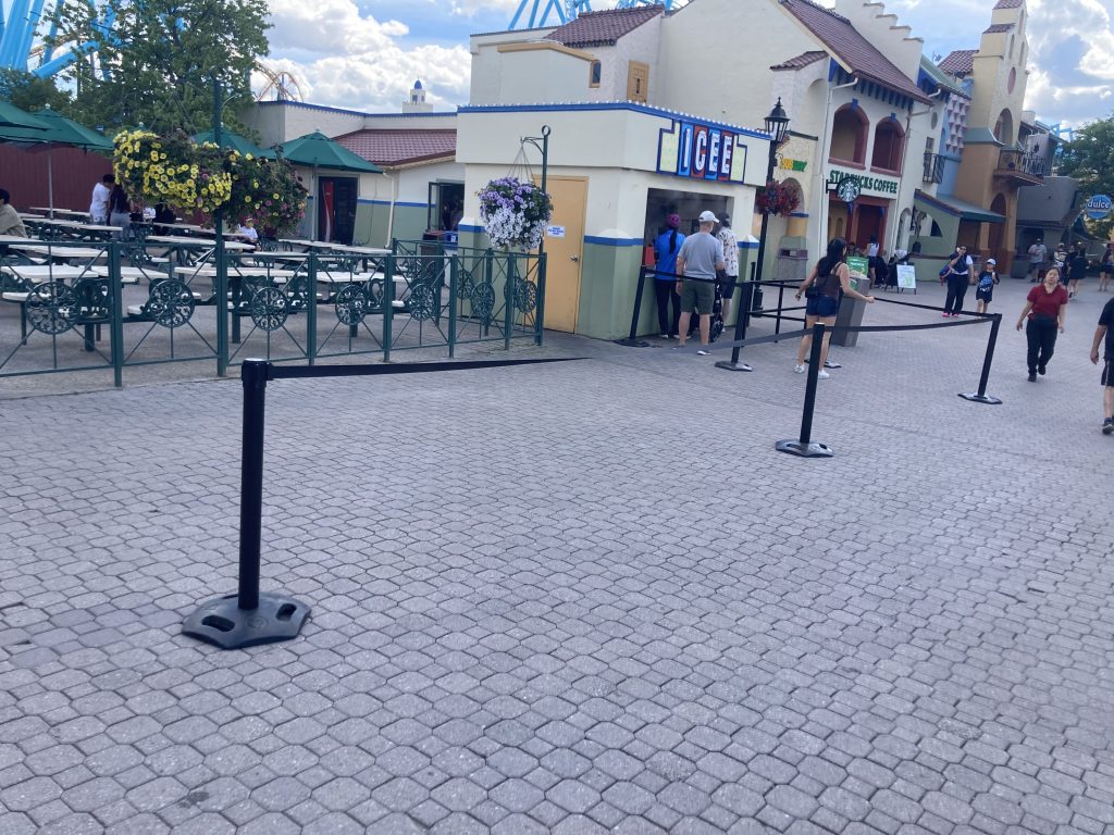 ICEE stand with stanchions.