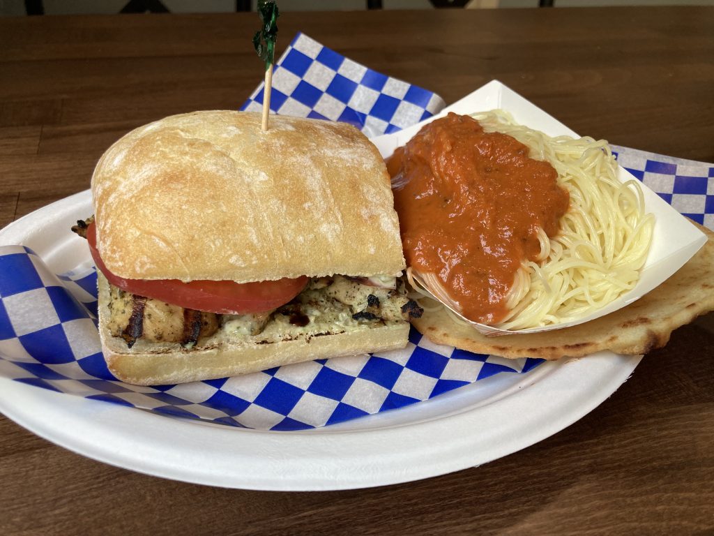 Pesto Chicken Caprese Sandwich with Capellini Pasta.