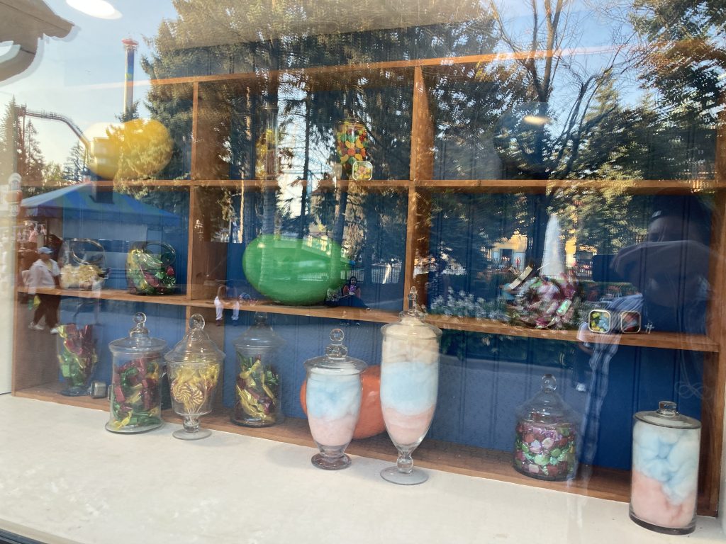 Jelly beans in Sweet Spot's window.