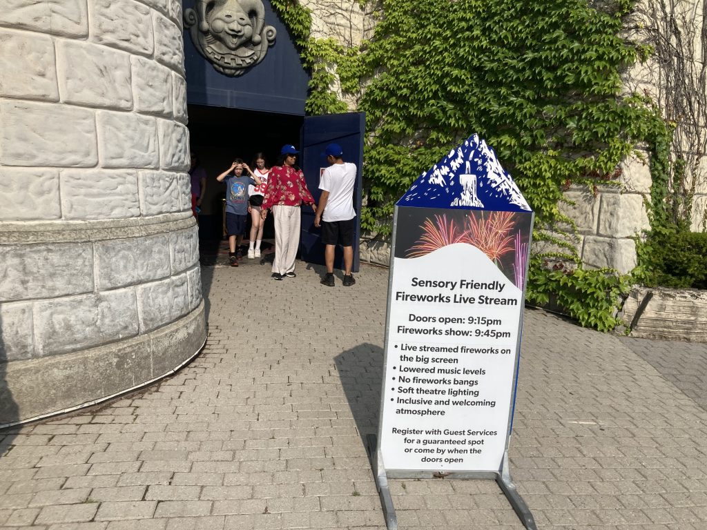A sign advertising the sensory friendly fireworks viewing in Canterbury Theatre.