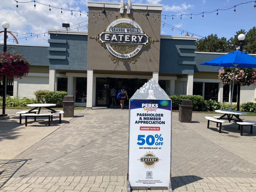 Passholder Appreciation sign outside Grande World Eatery.