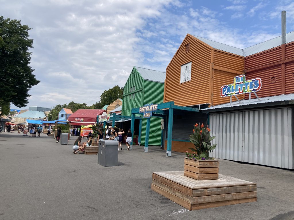 Stalls along a midway at La Ronde.