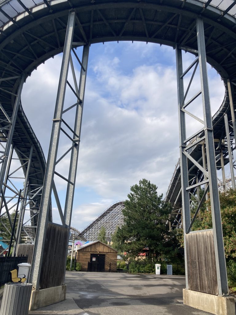 A pathway under a ride at La Ronde.