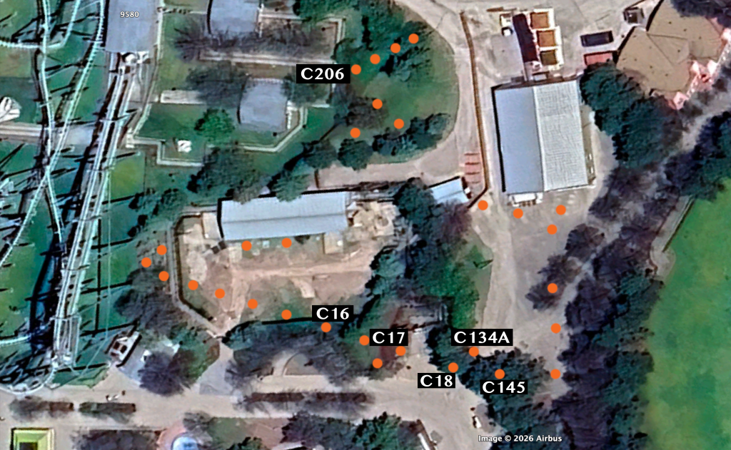 Aerial imagery plotting out approximate locations of orange stakes and flags.