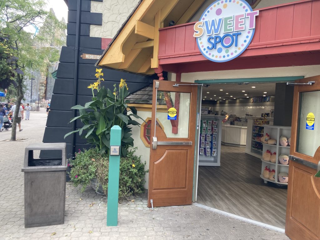 Automatic door button at Sweet Spot.