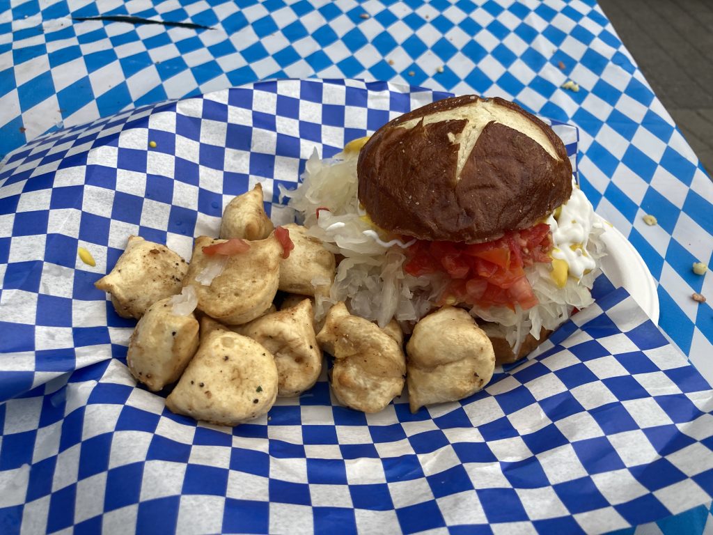 Chicken schnitzel with perogies.